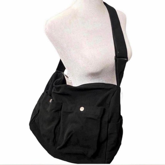 Unisex Black Canvas Crossbody Bag / Messenger Bag – Large Capacity – New