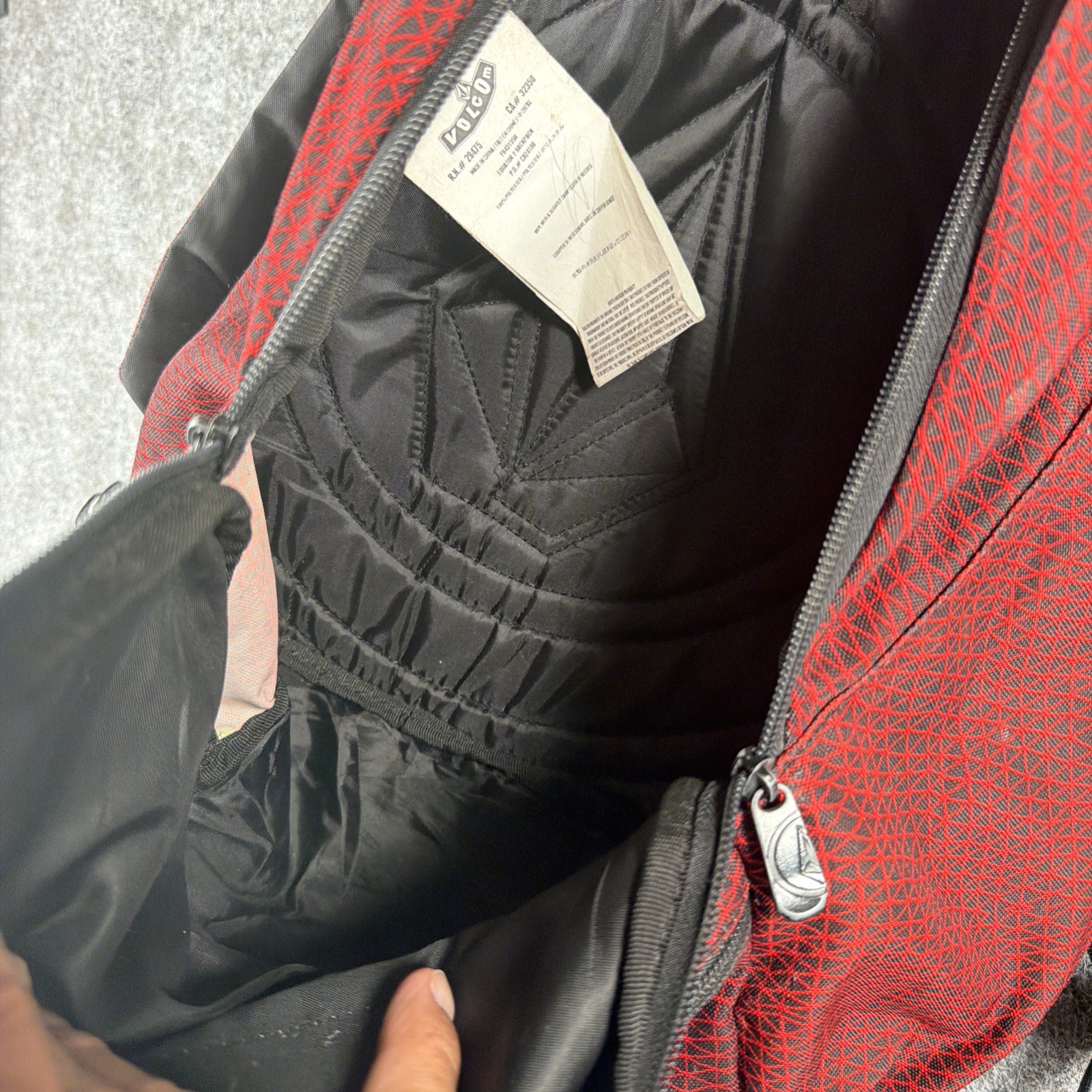VOLCOM Stone Logo Backpack Red Black Geometric Crosshatch Grid Skate School Bag