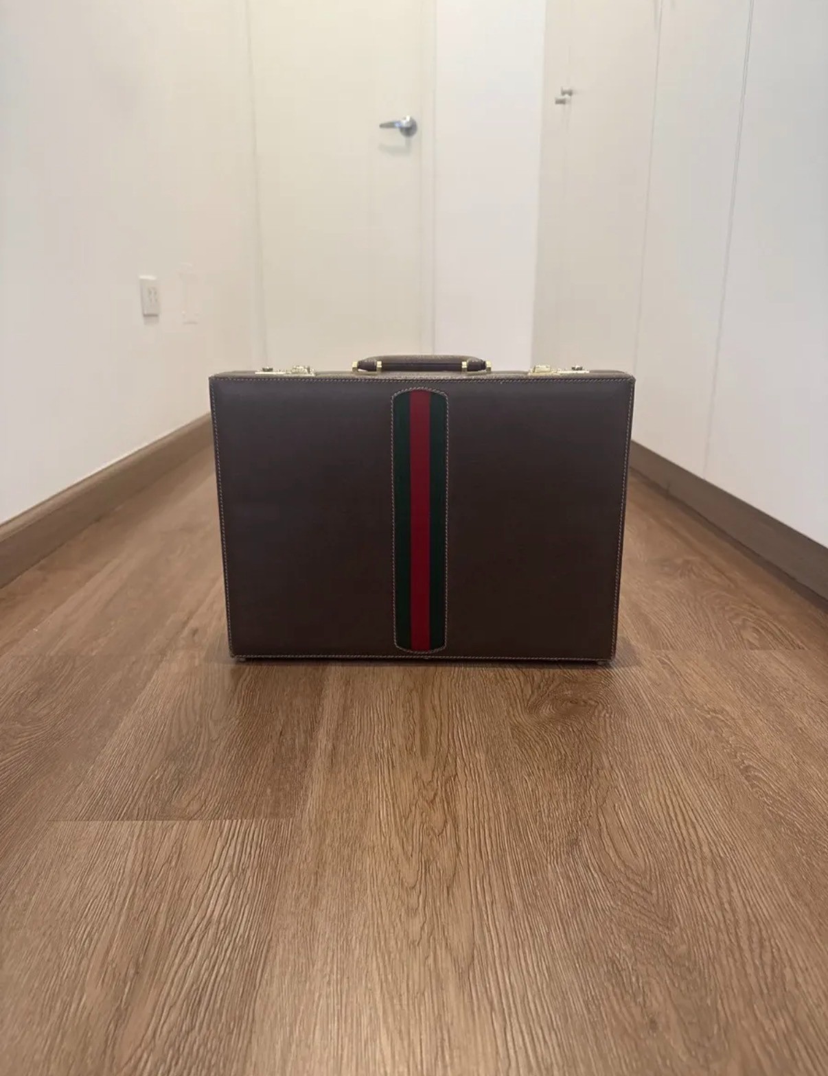 Gucci Italy Rare Brown Coated Canvas Leather Trim Unisex Briefcase c 1980s