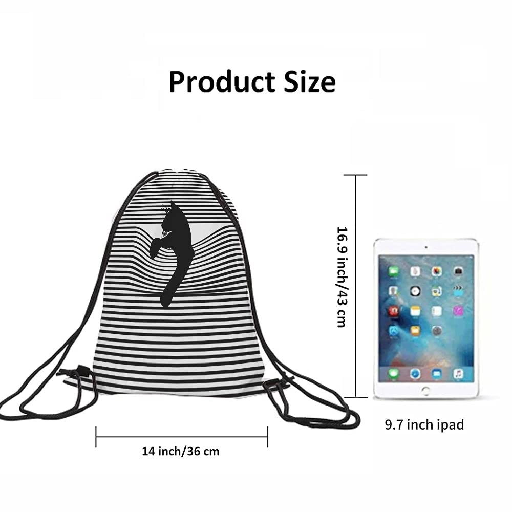 Black Cat Drawstring Bags Backpack Animal Silhouette White Stripes Cartoon