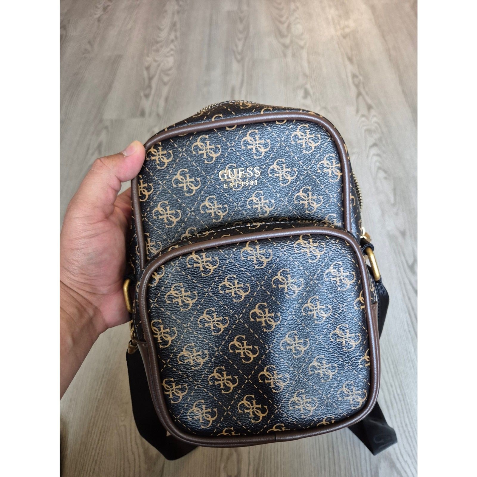 GUESS Men’s Crossbody Bag Brown Black Quattro G Logo Monogram Shoulder Bag