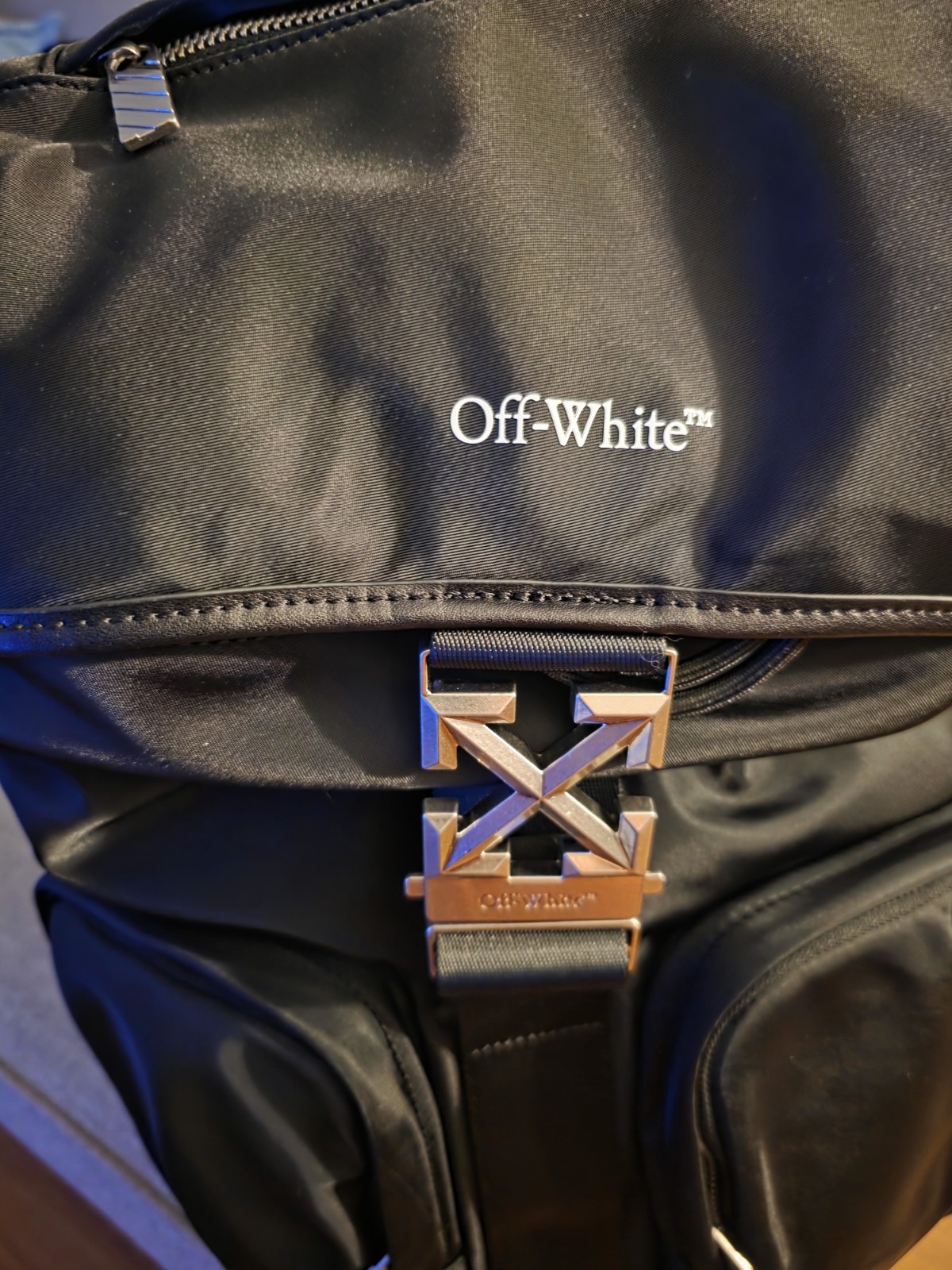 Off-White Drawstring Tuc Nylon Backpack with Dual Front Zipper Pockets BNWT