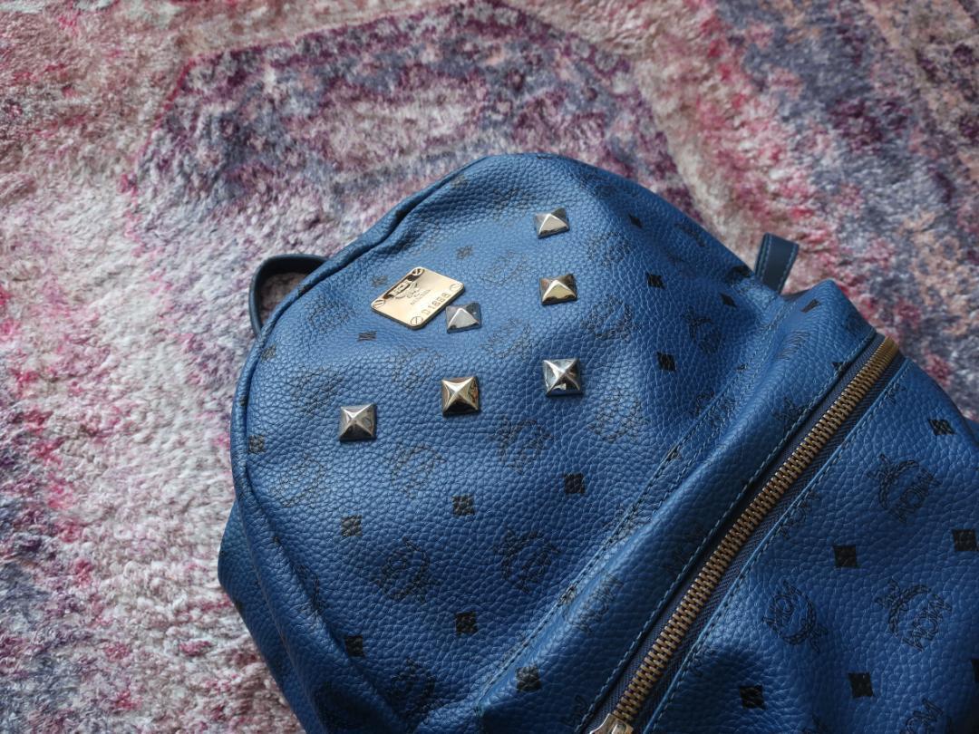 MCM Visetos Studded Backpack Dark Blue Logo Metal Plate 35cm x 40cm x 20cm Rare