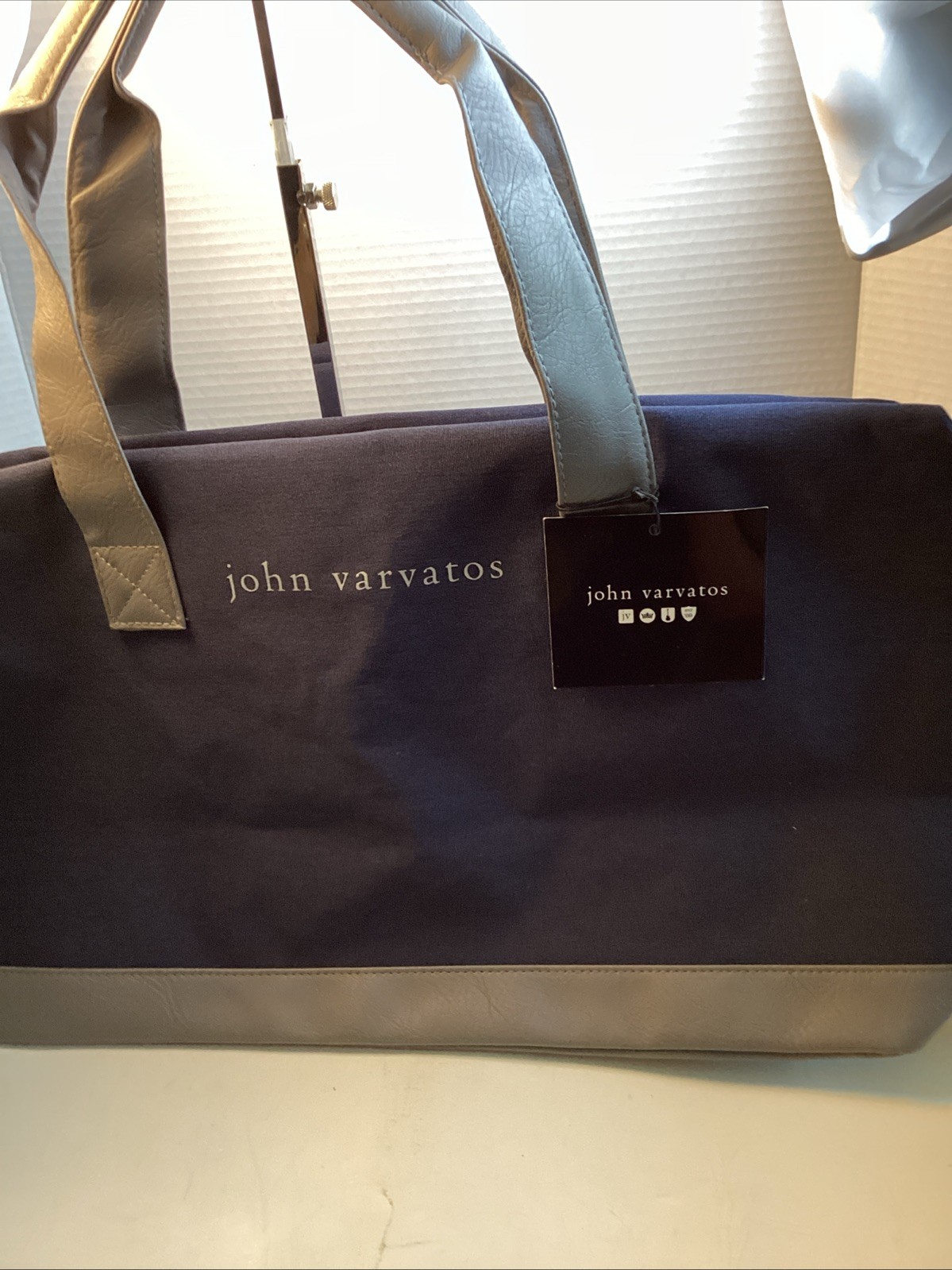 John Varvatos Navy Gray Large Duffle Bag for Men Double Handles NEW WITH TAG