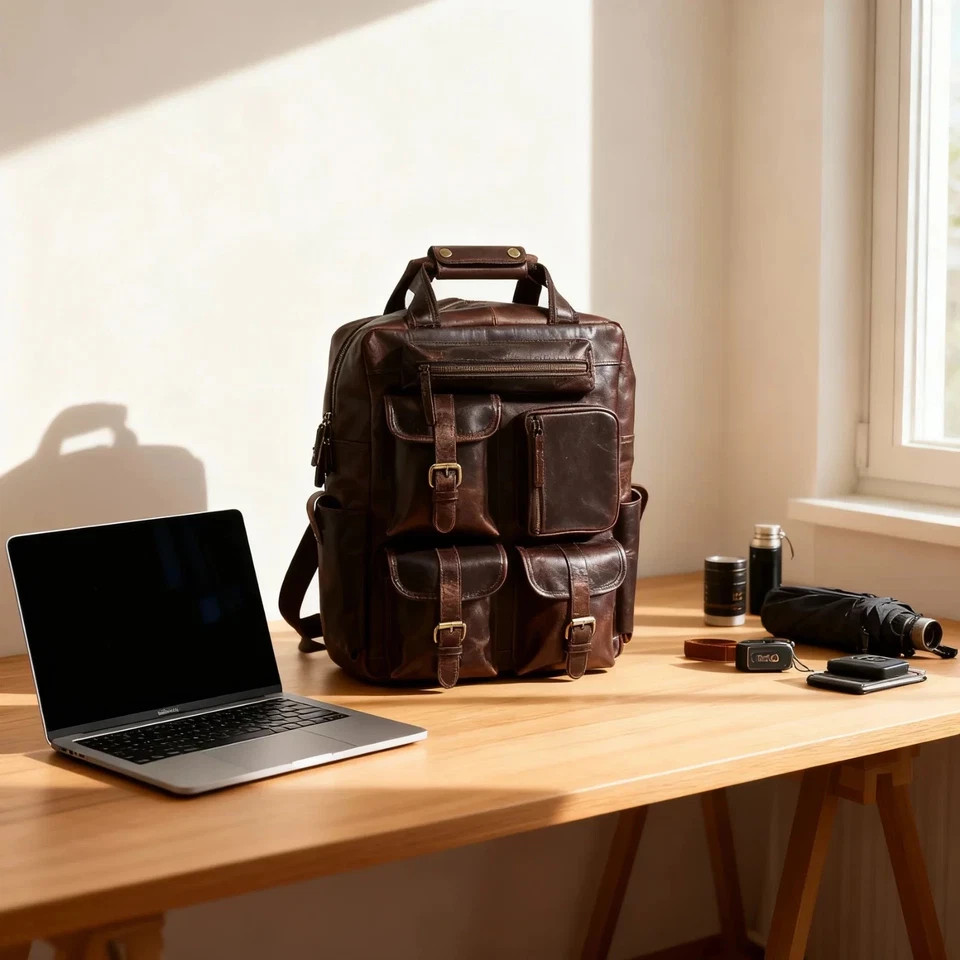 Professional Brown Leather Messenger Backpack Distressed Business Travel Rucksac