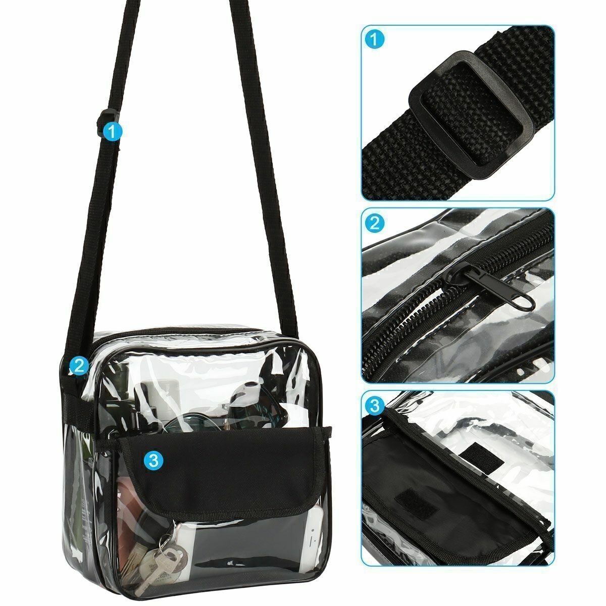 Clear PVC Tote Pack Shoulder Chest Bag Crossbody Handbag Waist Zip Purse Stadium