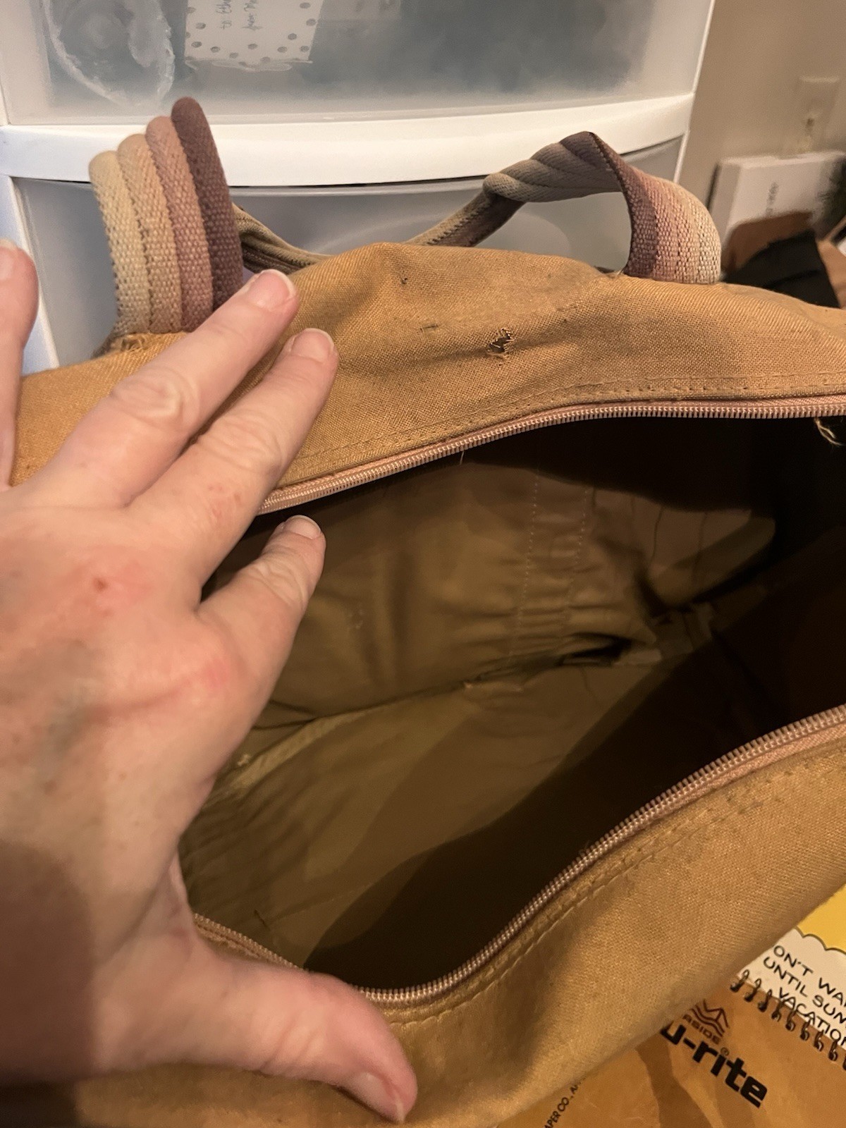 Vintage 1970’s Distressed Tan Canvas Duffle Bag Leather Straps Used With Holes