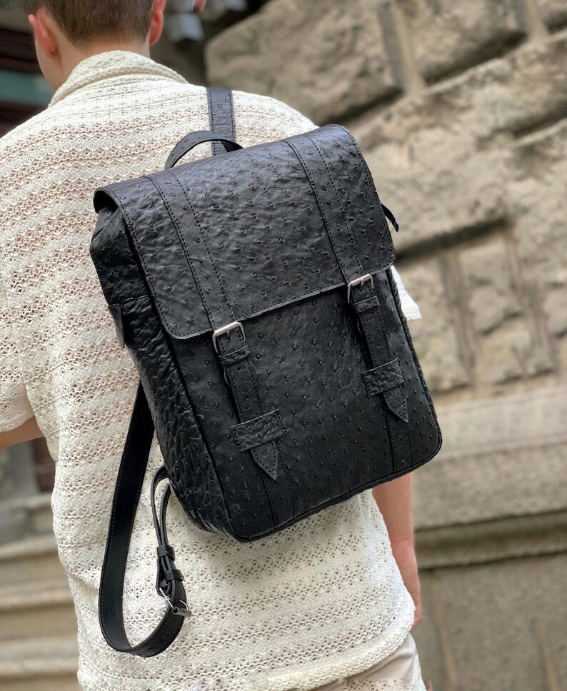 Men’s Backpack GENUINE Ostrich Leather Exotic Luxury Large Brown Bag for Laptop