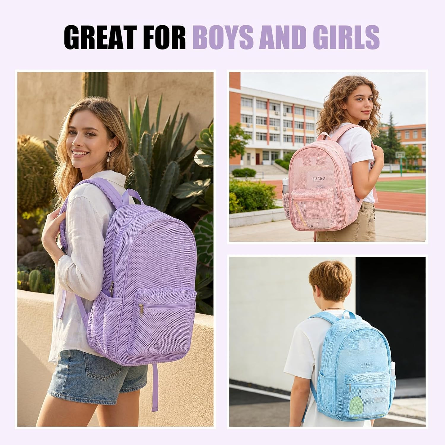 Heavy Duty Mesh Backpack, See through College Backpack with Padded Shoulder Stra