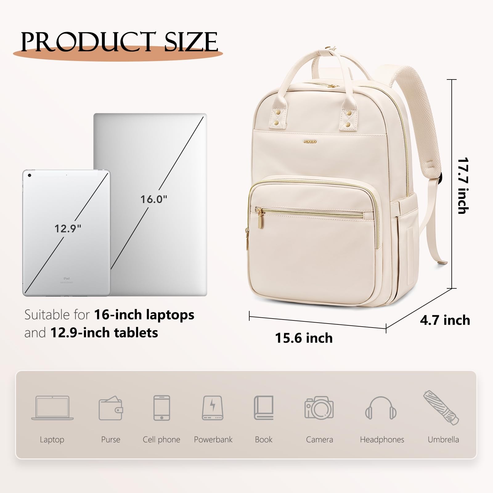 Laptop Backpack Women 16 Inch Teacher Compartment Waterproof Carry On Beige