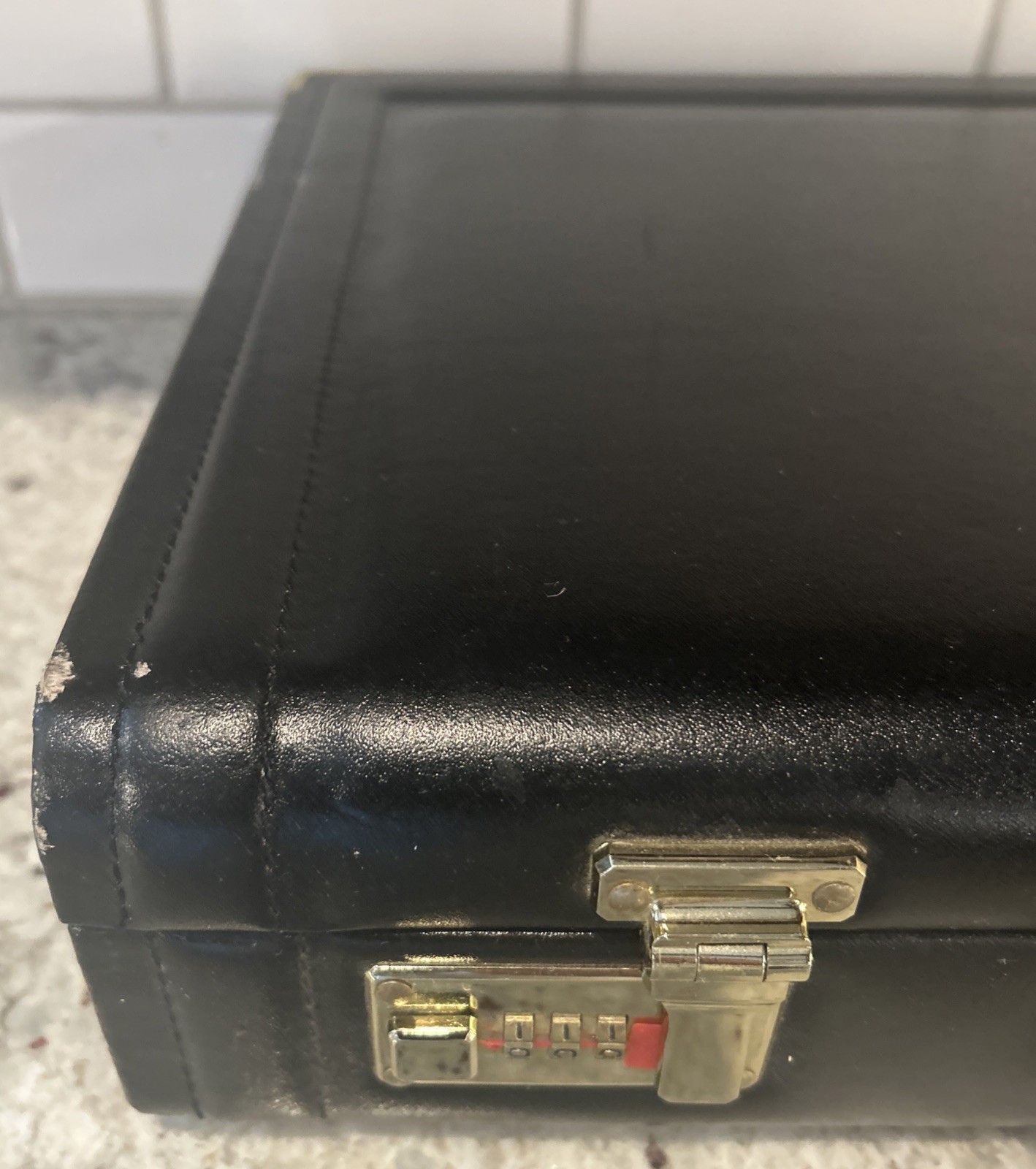 Vintage Black Leather Attache Briefcase with A Lock Dual Push Mechanism