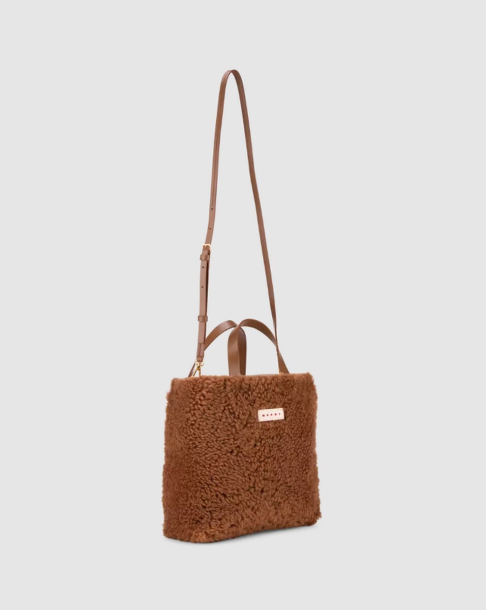 (NO CUSTOMS TAX) MARNI Museo Small brown shearling & soft leather shoulder bag