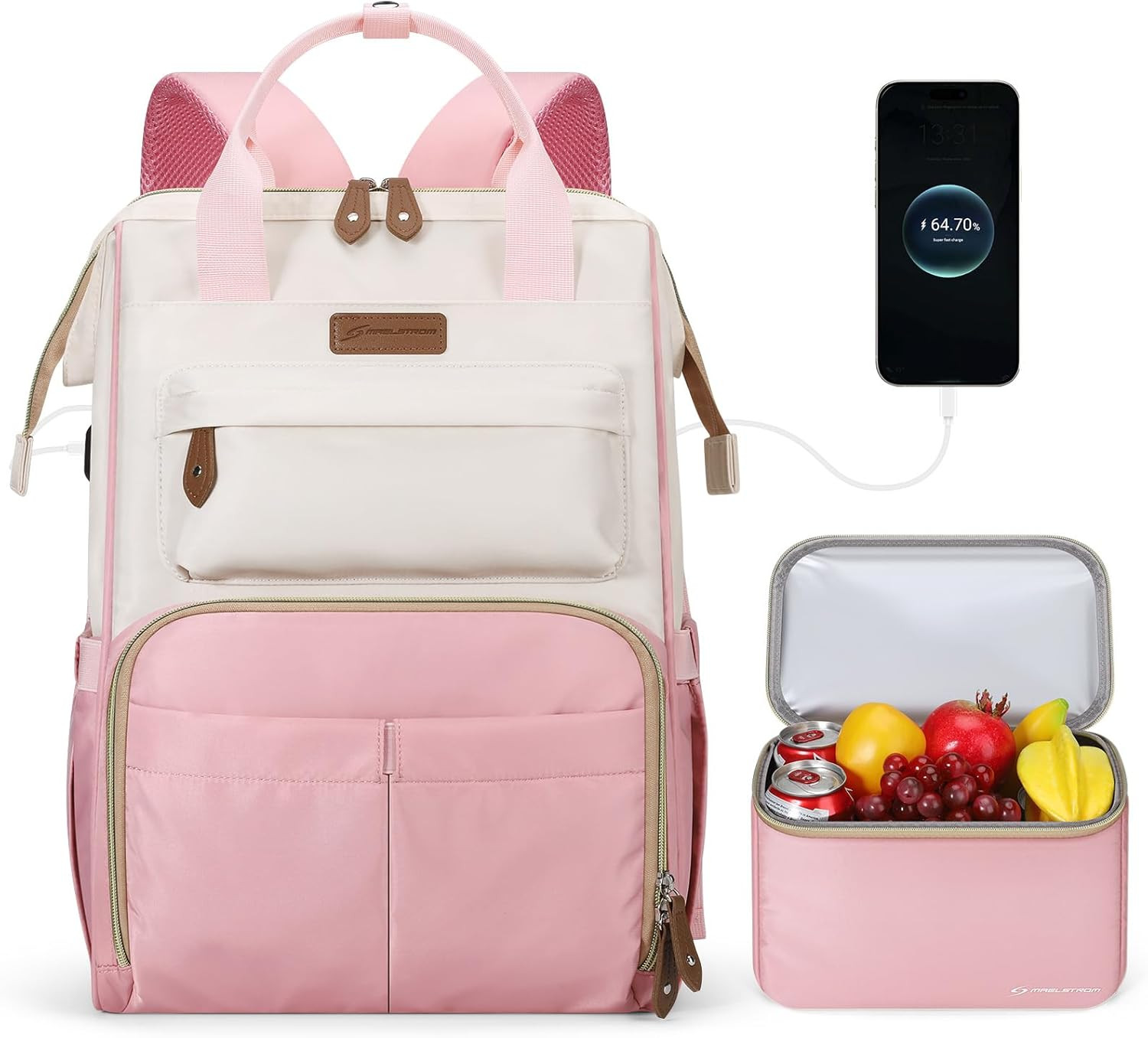 Travel Laptop Backpack 15.6-17.3″ Nurse Work Bag w/ Lunch Pink Beige