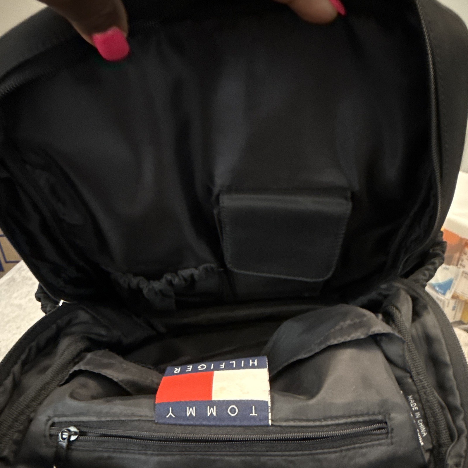 Tommy Hilfiger Black Backpack Zip Closure Red/White Trim Pockets Lined