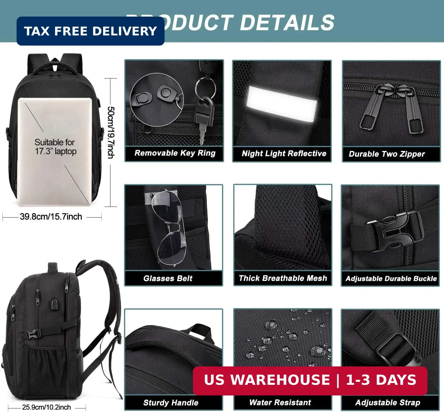 Extra Large Backpack for Men 50L,Water Resistant 17.3 inch Travel Laptop Backpac