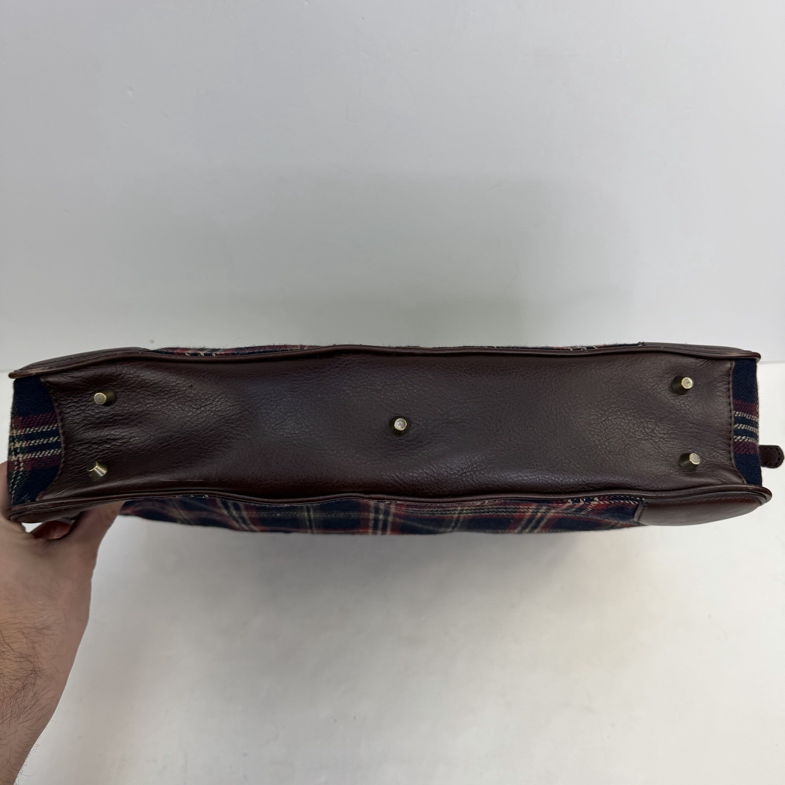 VTG Brooks Brothers Wool & Leather Briefcase Handle Bag Zipper Blue Plaid – 17”