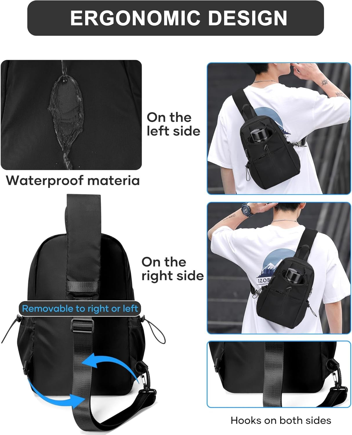 Black Sling Crossbody Bag for Men Women, Tactical Backpack Shoulder Daypack Mini