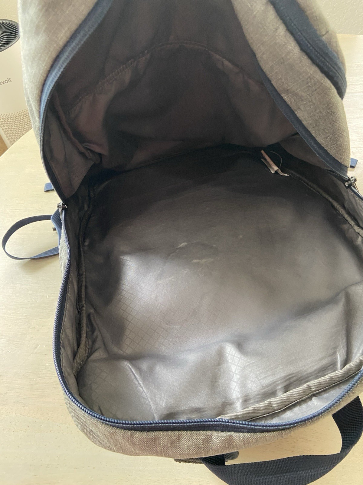 Timbuk2 Laptop Backpack Gray With Navy Trim. Zippers, Separate Laptop Compartmen