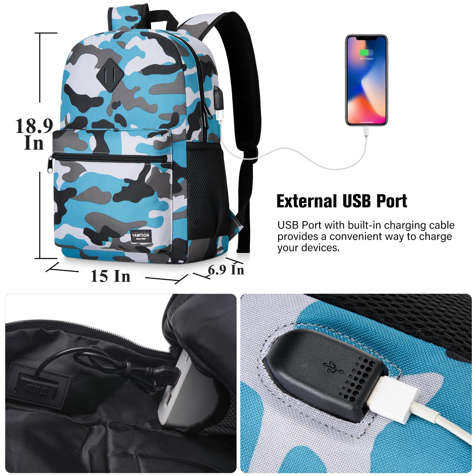 School Backpack 17.3 Inch Bookbag Men Teen Boy USB Charging Port College
