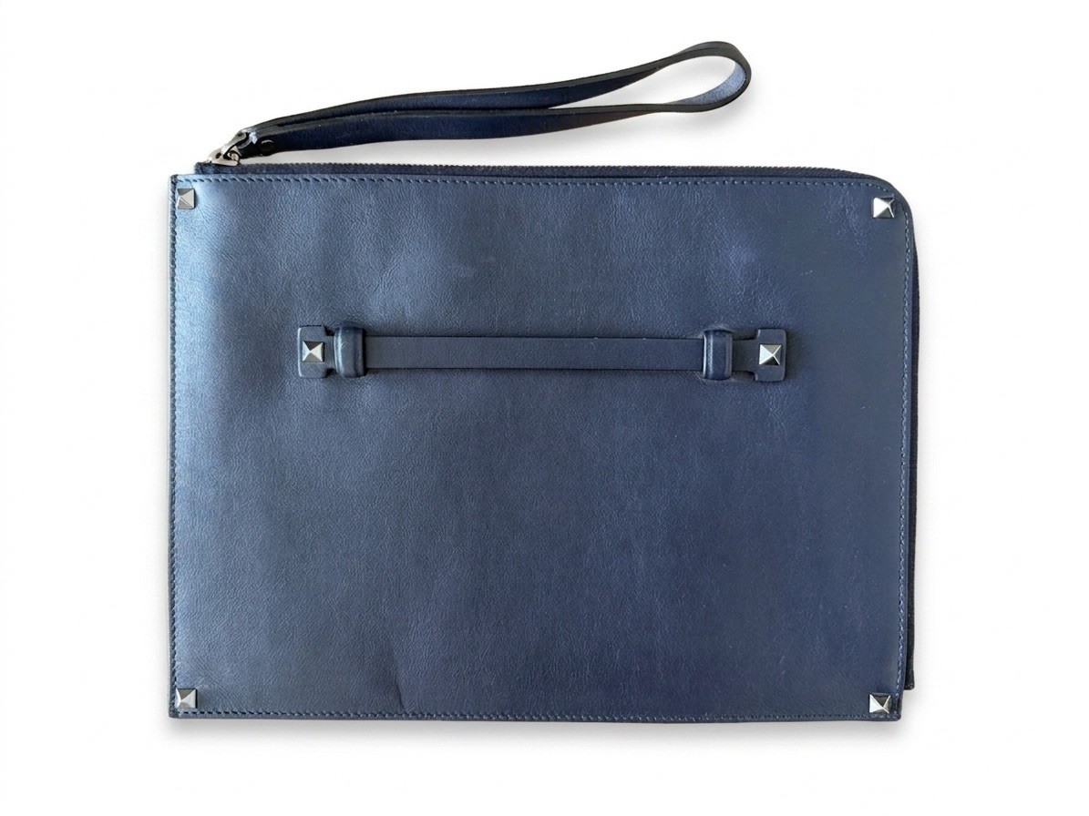 VALENTINO GARAVANI Large Blue Leather Ziparound Wristlet Clutch Bag 22x29cm
