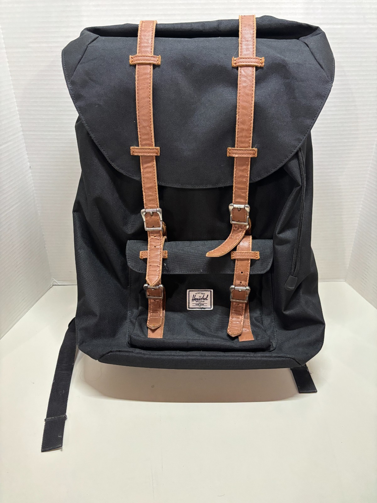 Herschel Little America Backpack – Black with Brown Faux Leather Straps
