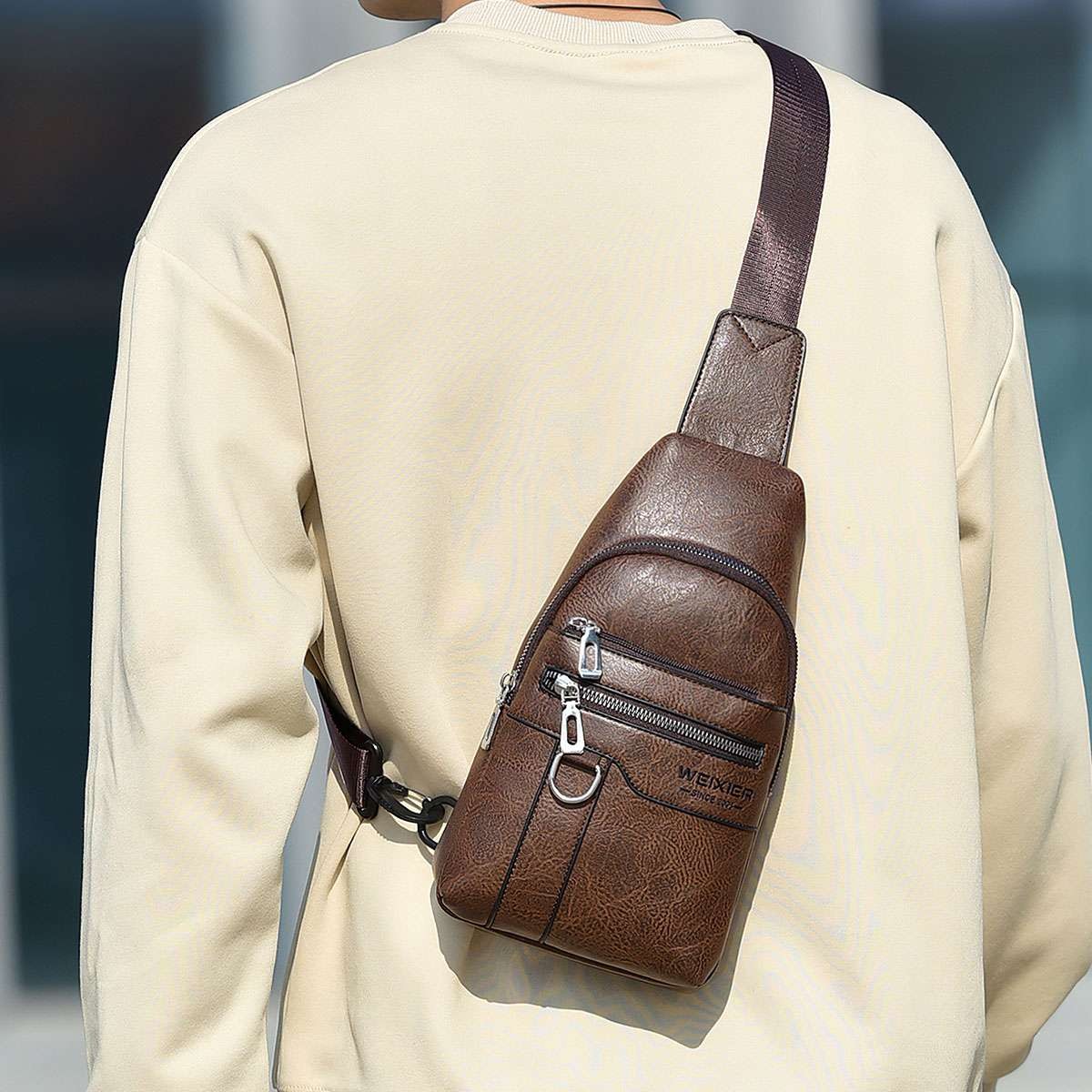 Men Sling Bag Soft PU Leather Chest Crossbody Travel Shoulder Bag Waterproof