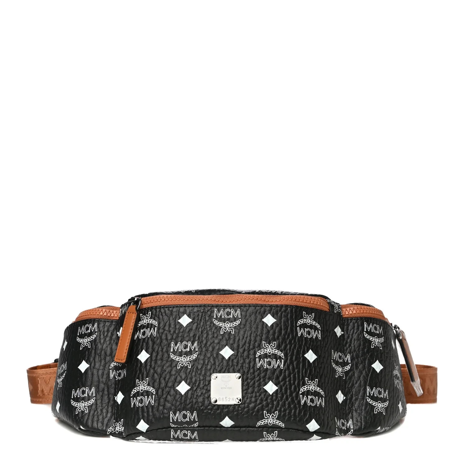MCM Visetos 3 Pocket Belt Bag Black Cognac Sling Waist Pack Crossbody