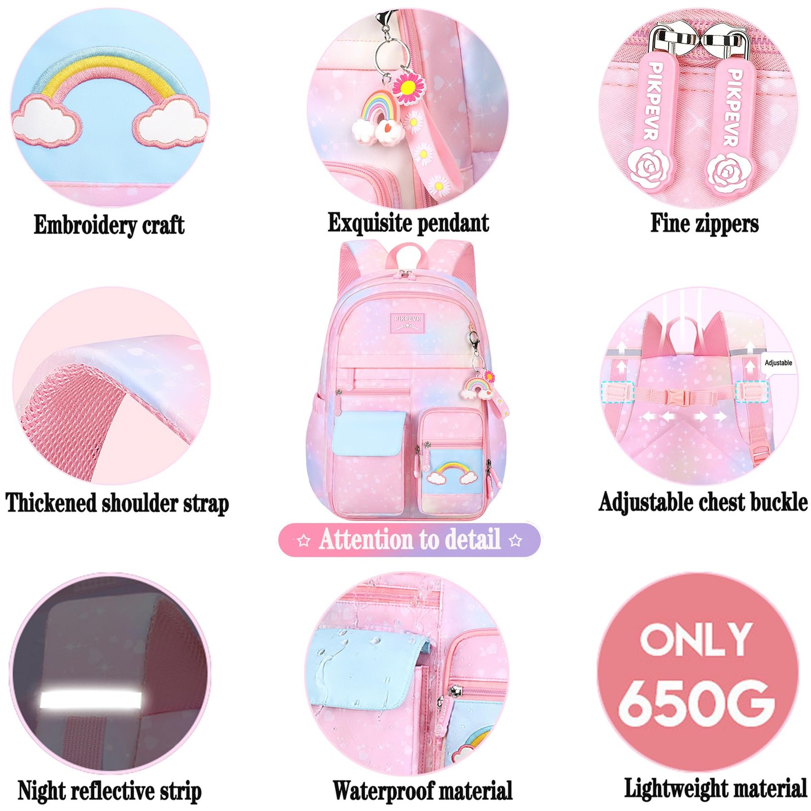 Girls Rainbow School Backpack for Elementary,Kawaii Bookbag 17.5in