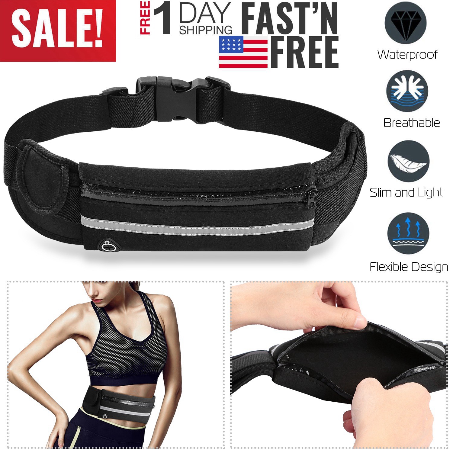 Waterproof Sport Runner Waist Bag Running Jogging Belt Pouch Zip Adjustable