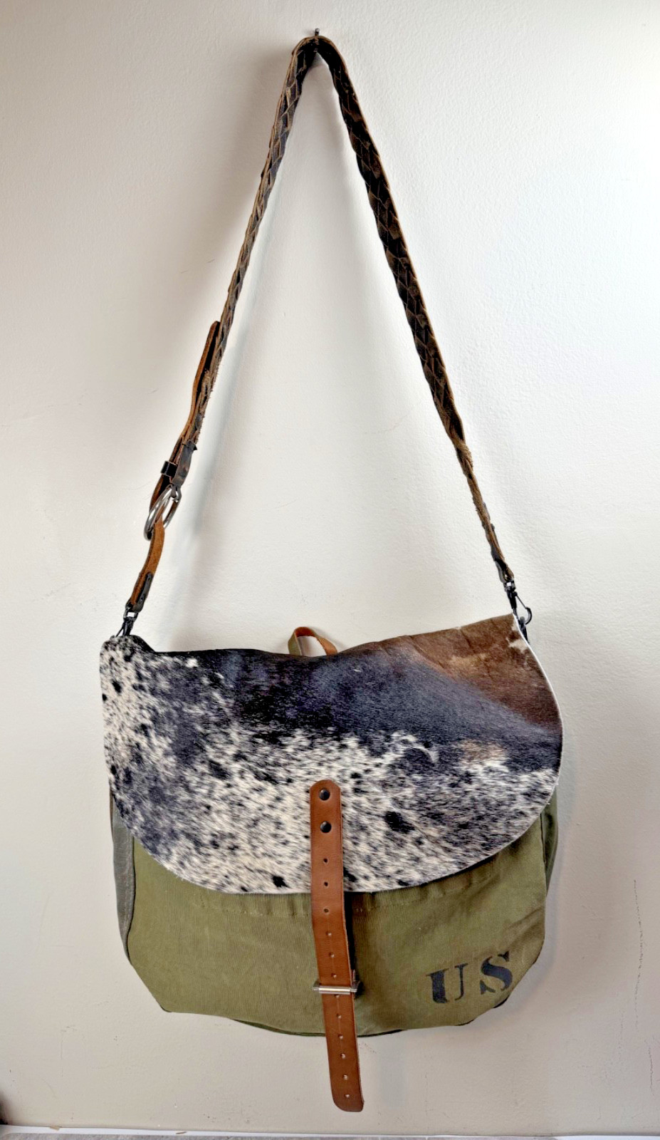 Vintage Army Military Newspaper Bag Upcycled Leather Hide Canvas 17×13 OOAK