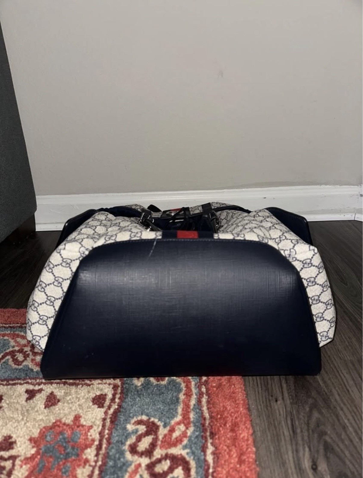 Gucci GG Monogram Backpack Beige Navy Red Adjustable Strap Outer Pockets