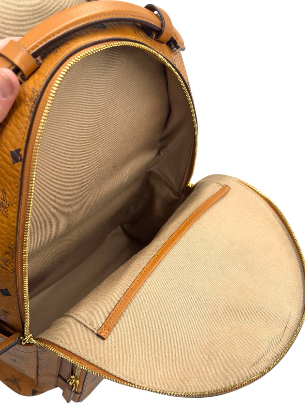 Authentic MCM Stark Visetos Cognac Medium Backpack Gold Hardware Brown