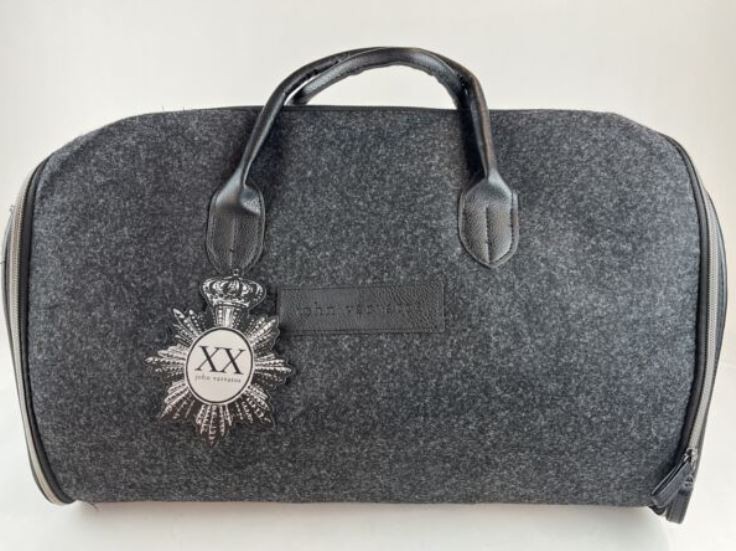 NEW John Varvatos Duffle Bag Garment Gray Felted Faux Wool 21×12” Suit Weekender