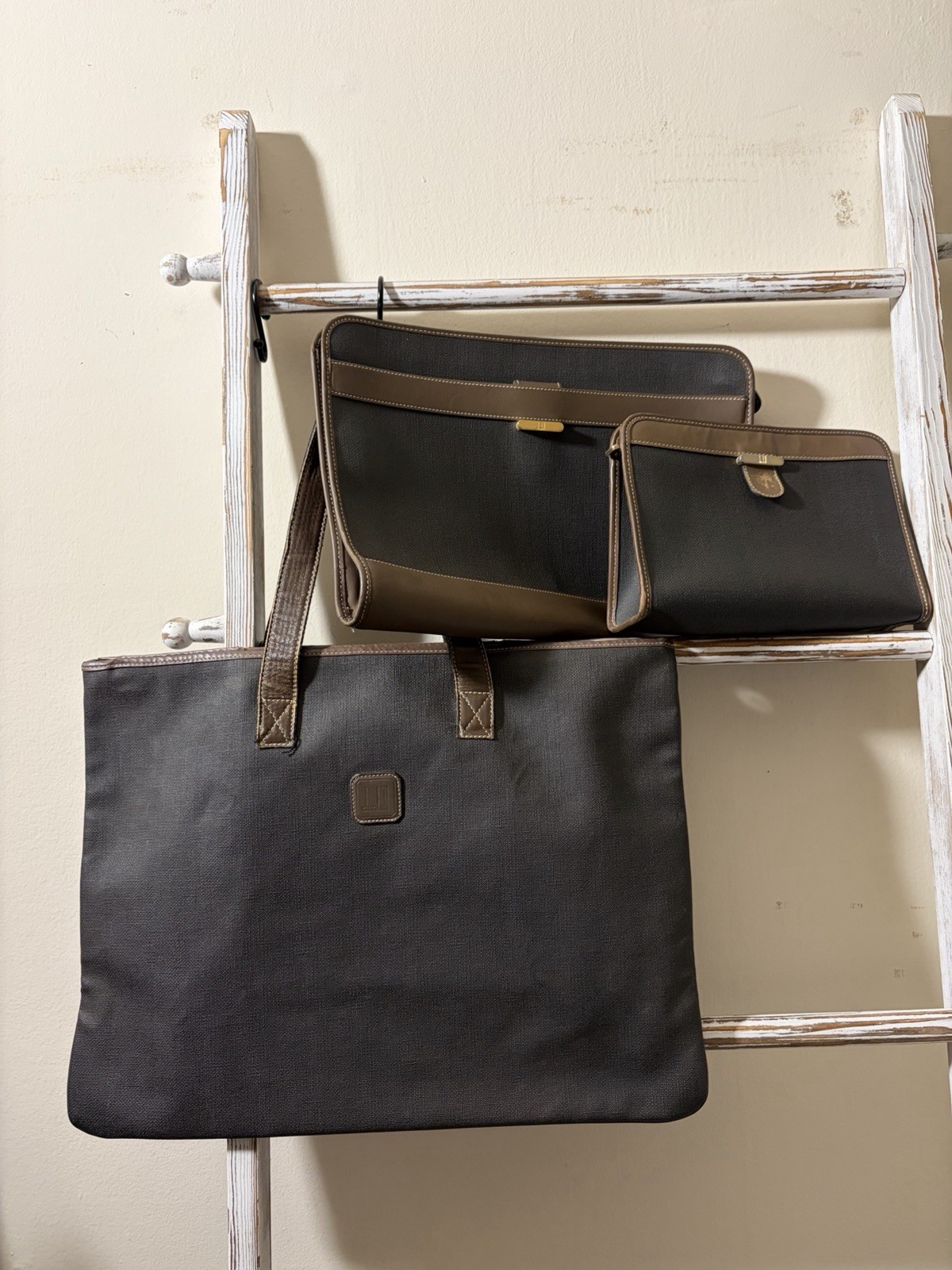 3-Piece Set Dunhill Brown Coated Leather Tote + Clutch + Laptop Travel Case Bags