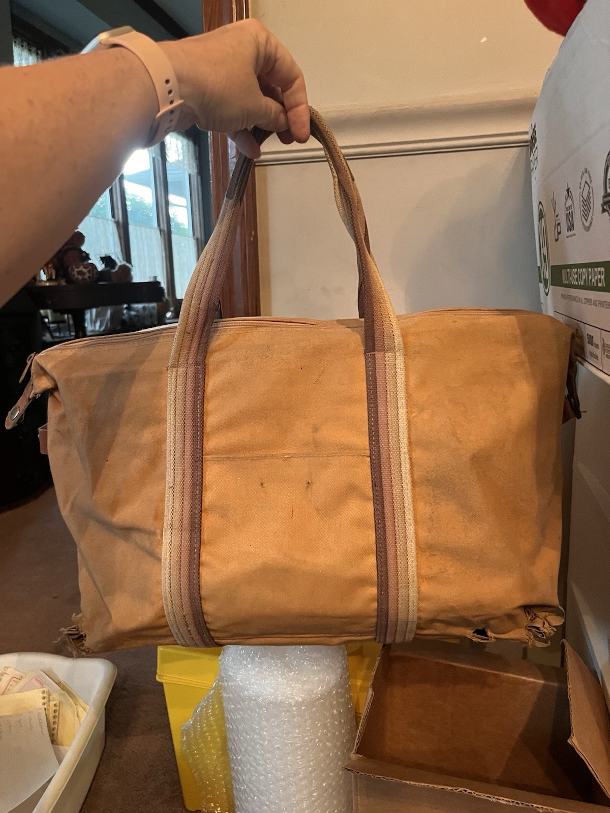 Vintage 1970’s Distressed Tan Canvas Duffle Bag Leather Straps Used With Holes