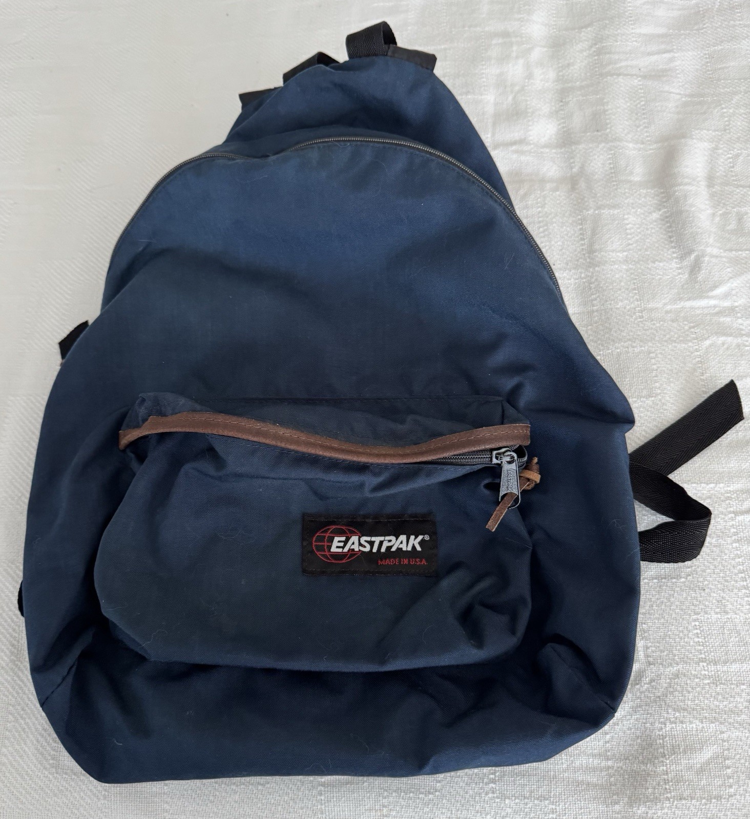 VTG EastPak Made In USA Backpack Navy Blue Leather Trim EastPack Retro Bag