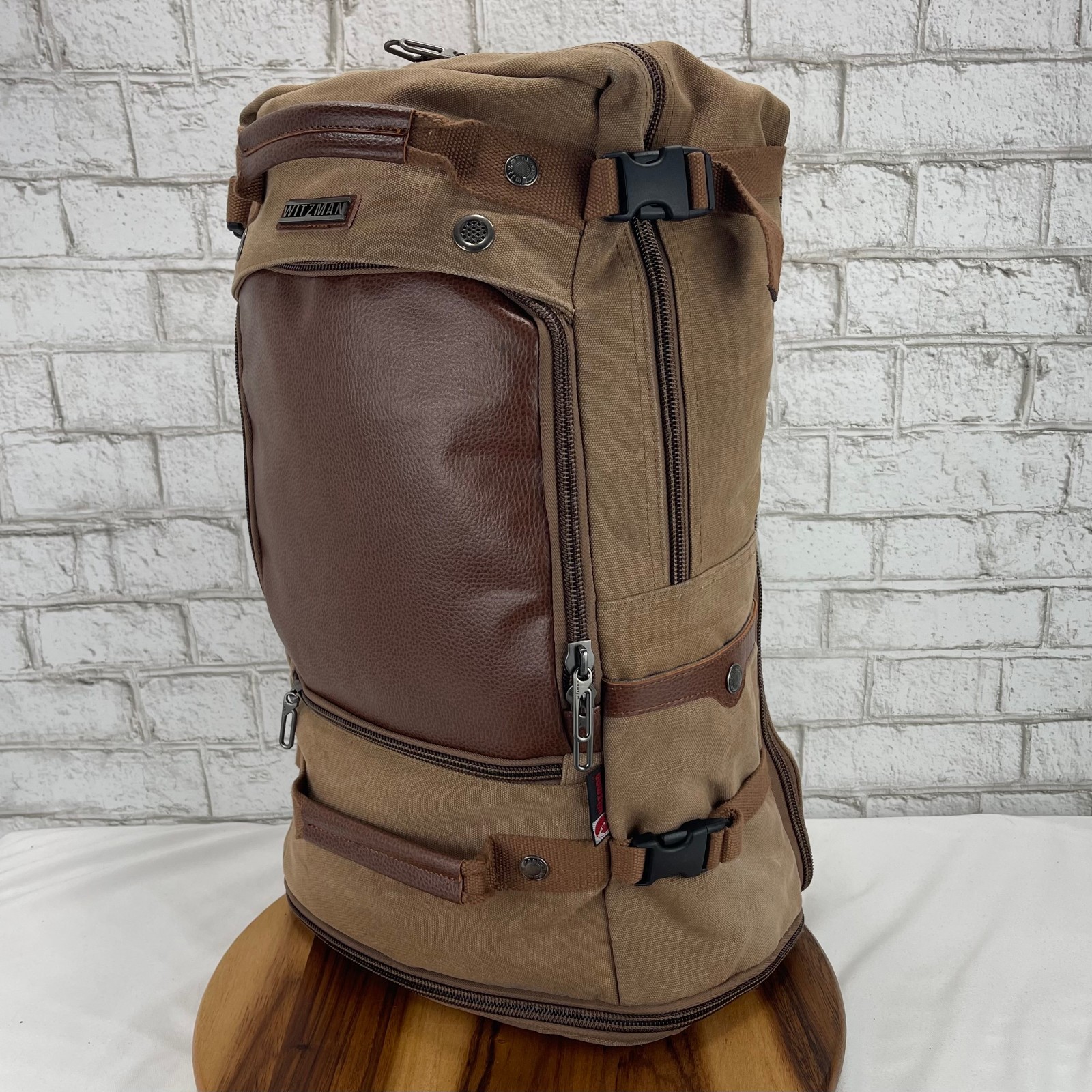 Witzman Brown Canvas Leather Multipocket Laptop Convertible Back Pack Travel Bag