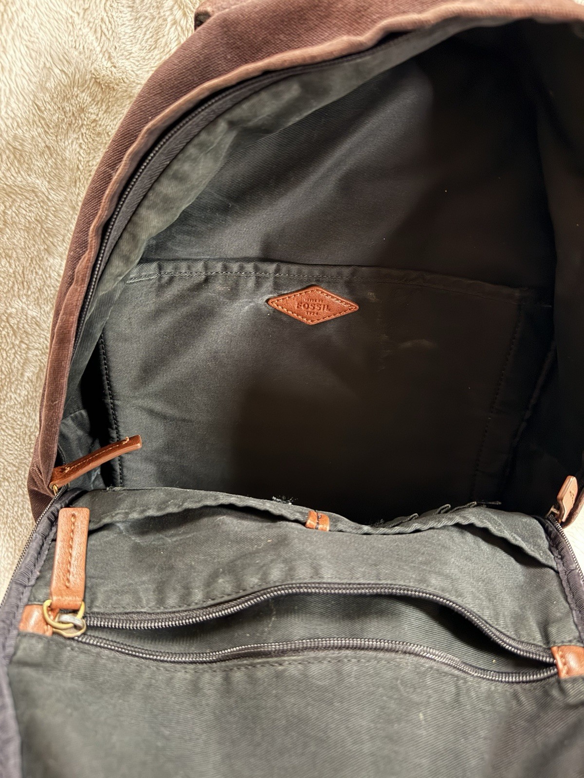 Fossil Estate Canvas Backpack In Brown with Leather Trim and Adjustable Straps
