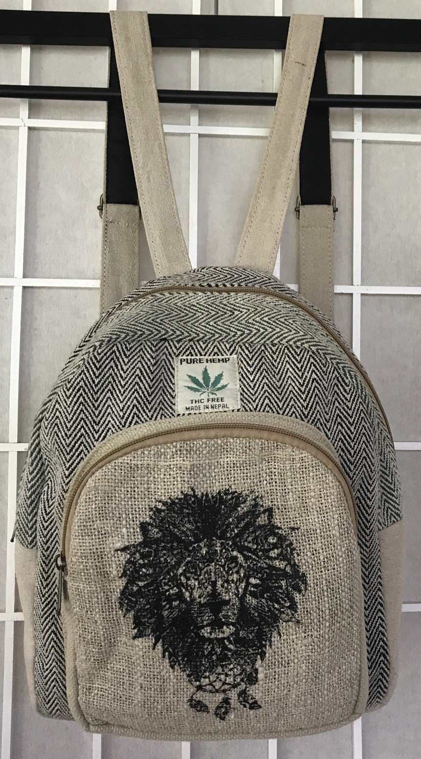 PURE HEMP THC FREE Nepal Hippie Boho Surfer Skater Zip Small Backpack Lion