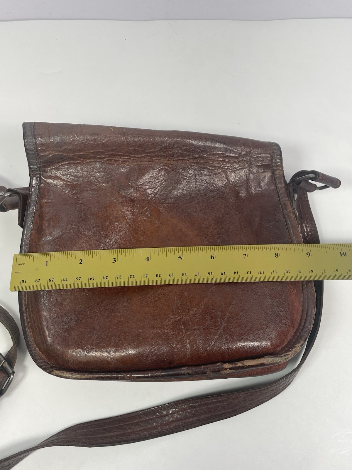 Vintage Leather Messenger Bag TTK Shoulder Strap Brown Zipper & Button Closure