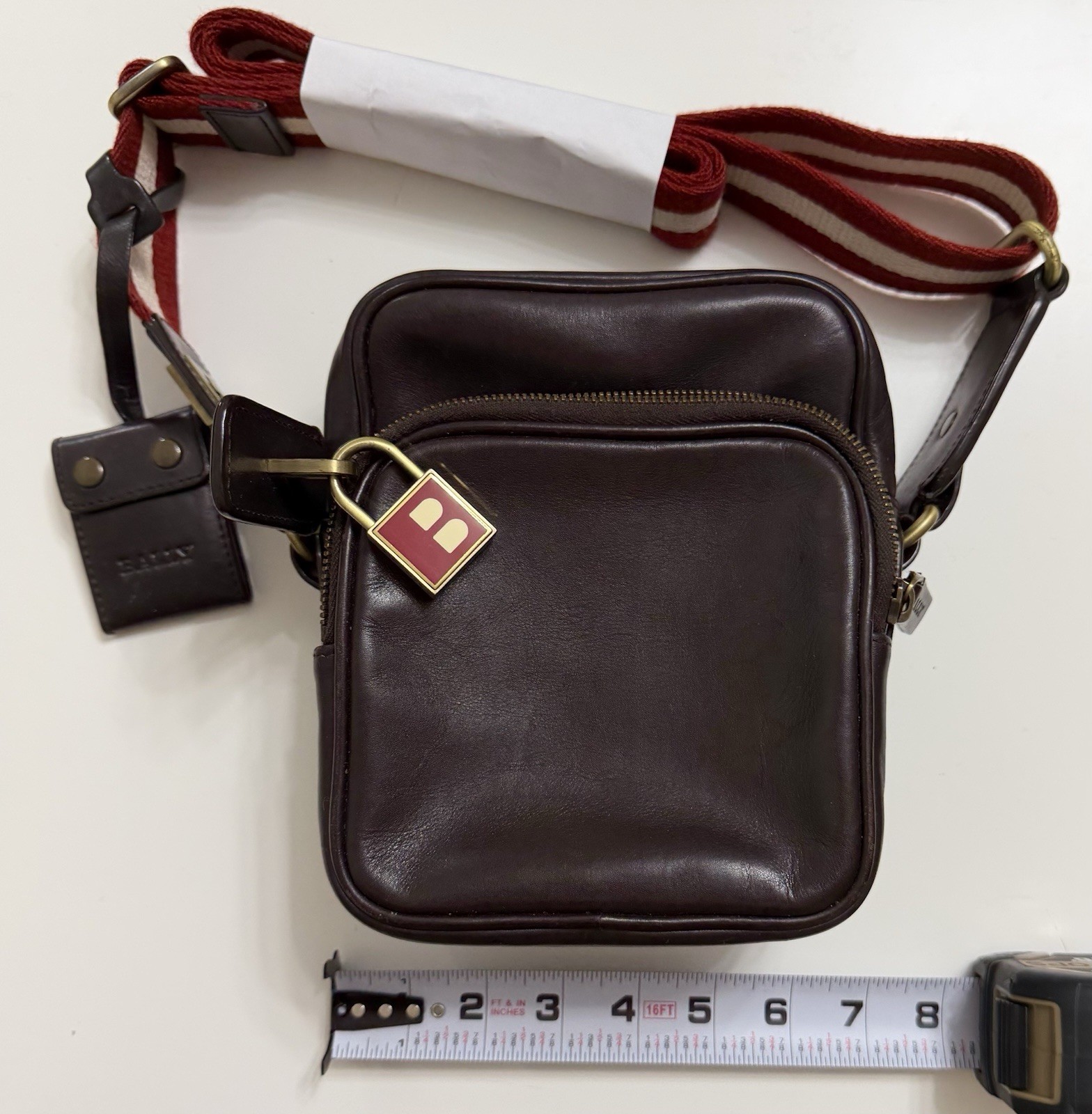 BALLY Brown Crossbody Bag Striped Adjustable Strap w/BALLY Lock and keys Clean!
