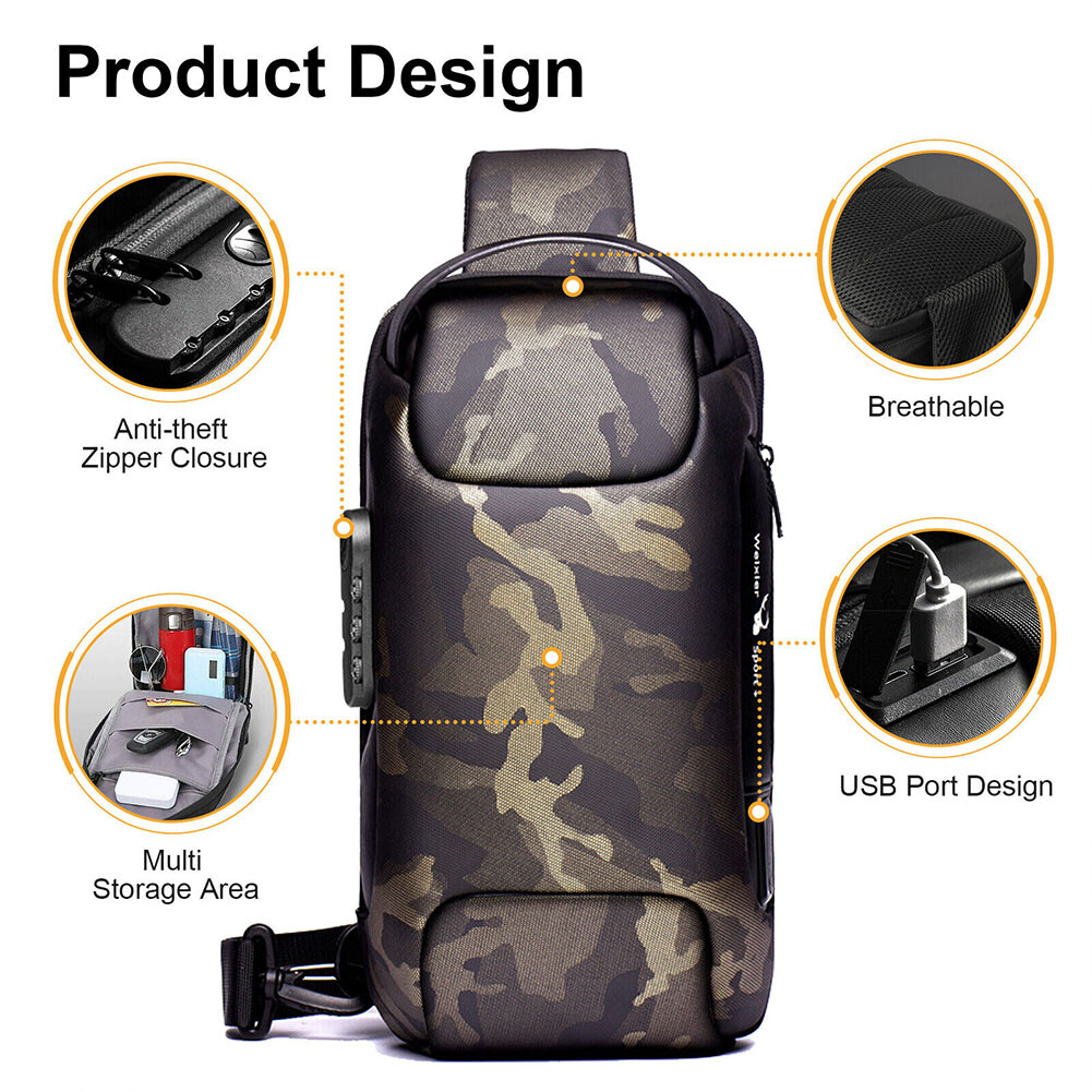 US 1-2 Pcs Sling Backpack USB Port Anti-Theft Men’s Chest Shoulder Crossbody Bag
