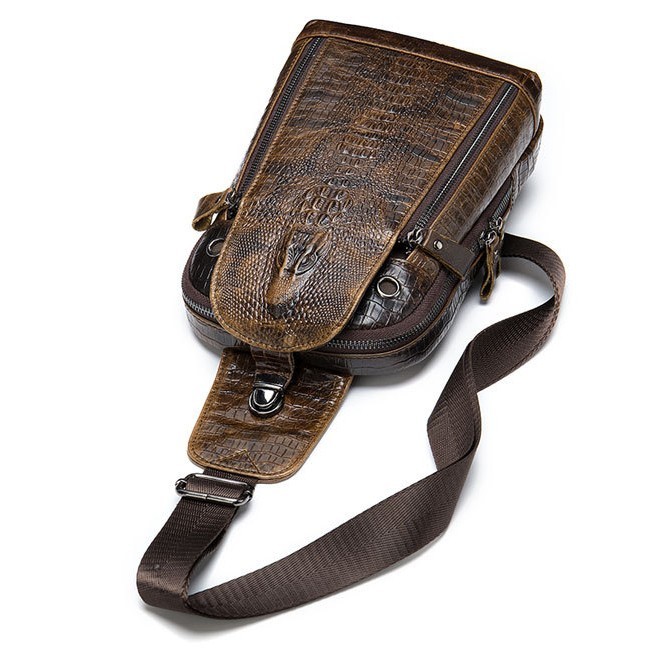 Top Cowhide Leather Men’s Sling Backpack, Crocodile Pattern Crossbody Chest Bag