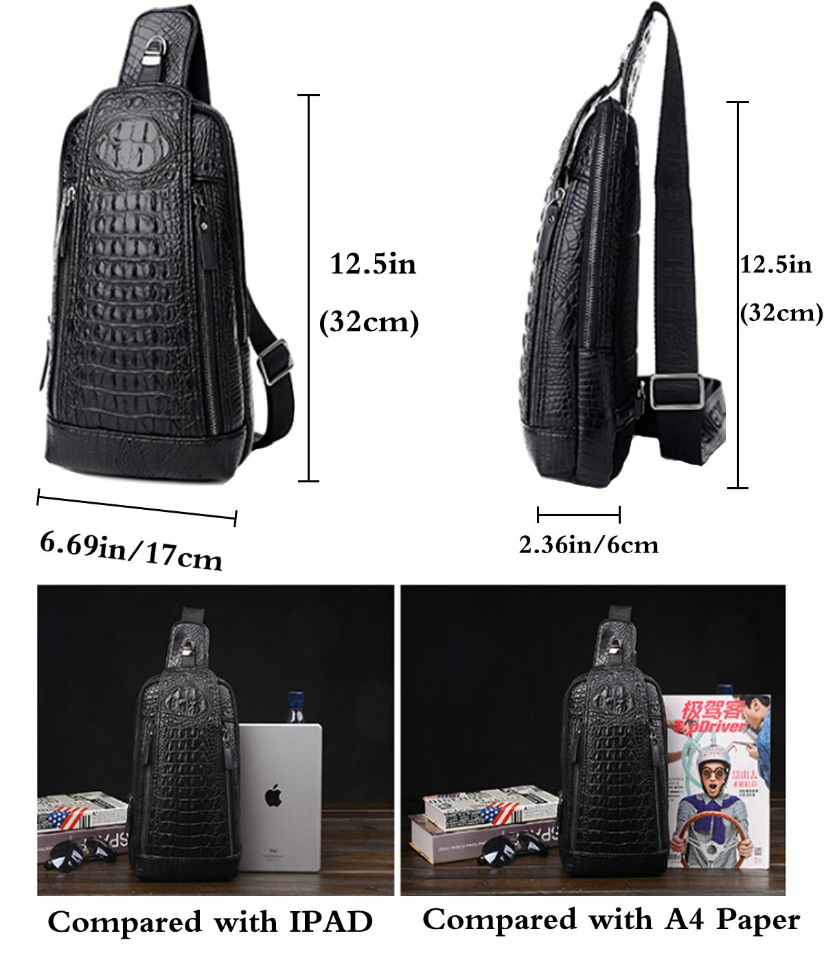 Men’s Leather Crocodile Pattern Chest Bag Sling Backpack Crossbody Travel Bag