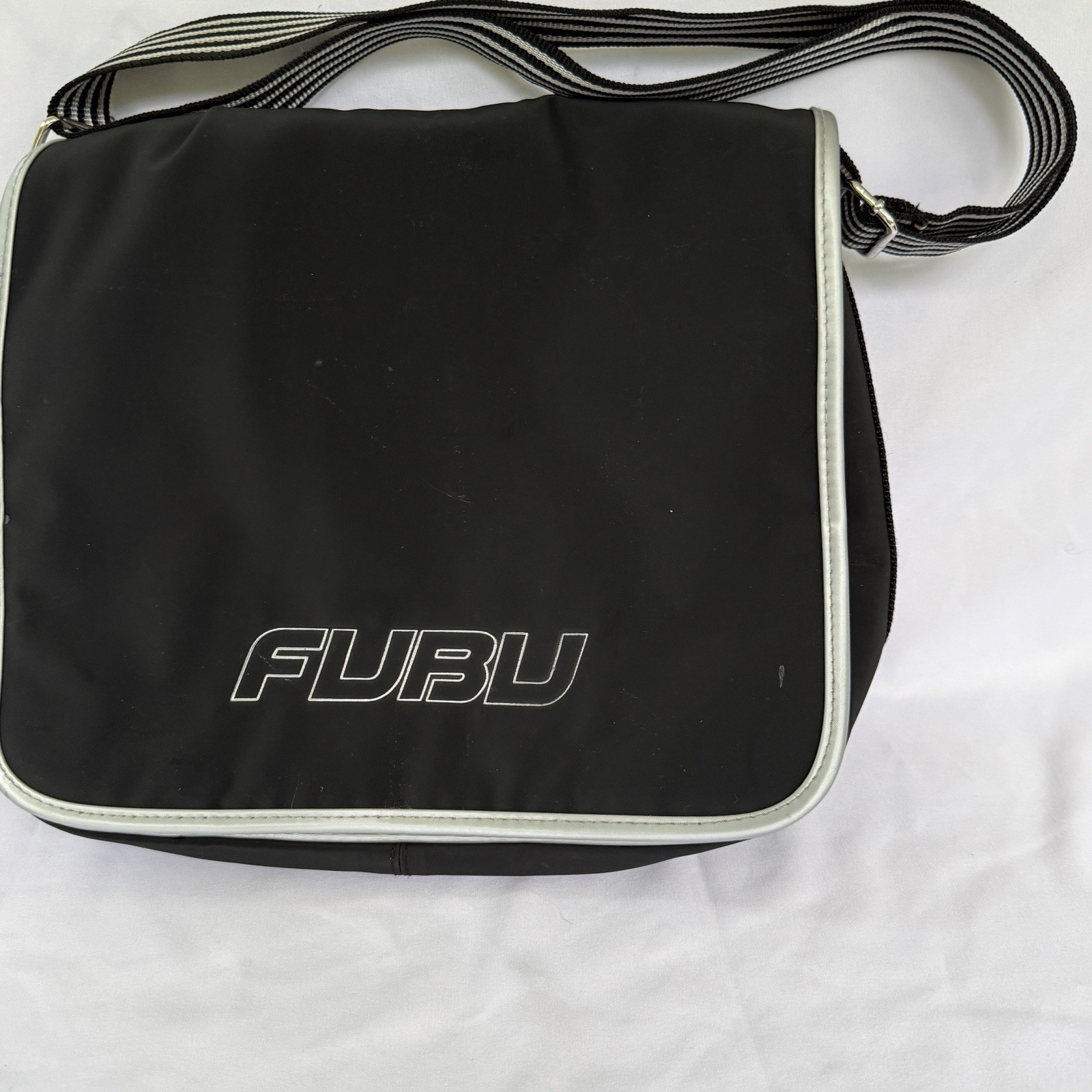 FUBU Early 2000s Crossbody Bag Black Silver Y2K Shoulder Laptop Book School Bag