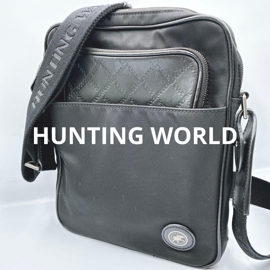 HUNTING WORLD Men Black Nylon Leather Shoulder Bag Logo Lightweight