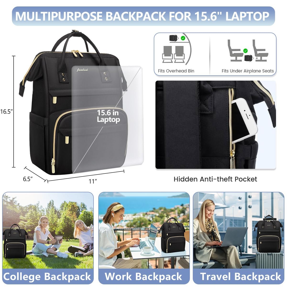 FOCDOD Women Laptop Backpack Work Bag – Fits 15.6 inch with Laptop Compartmen…