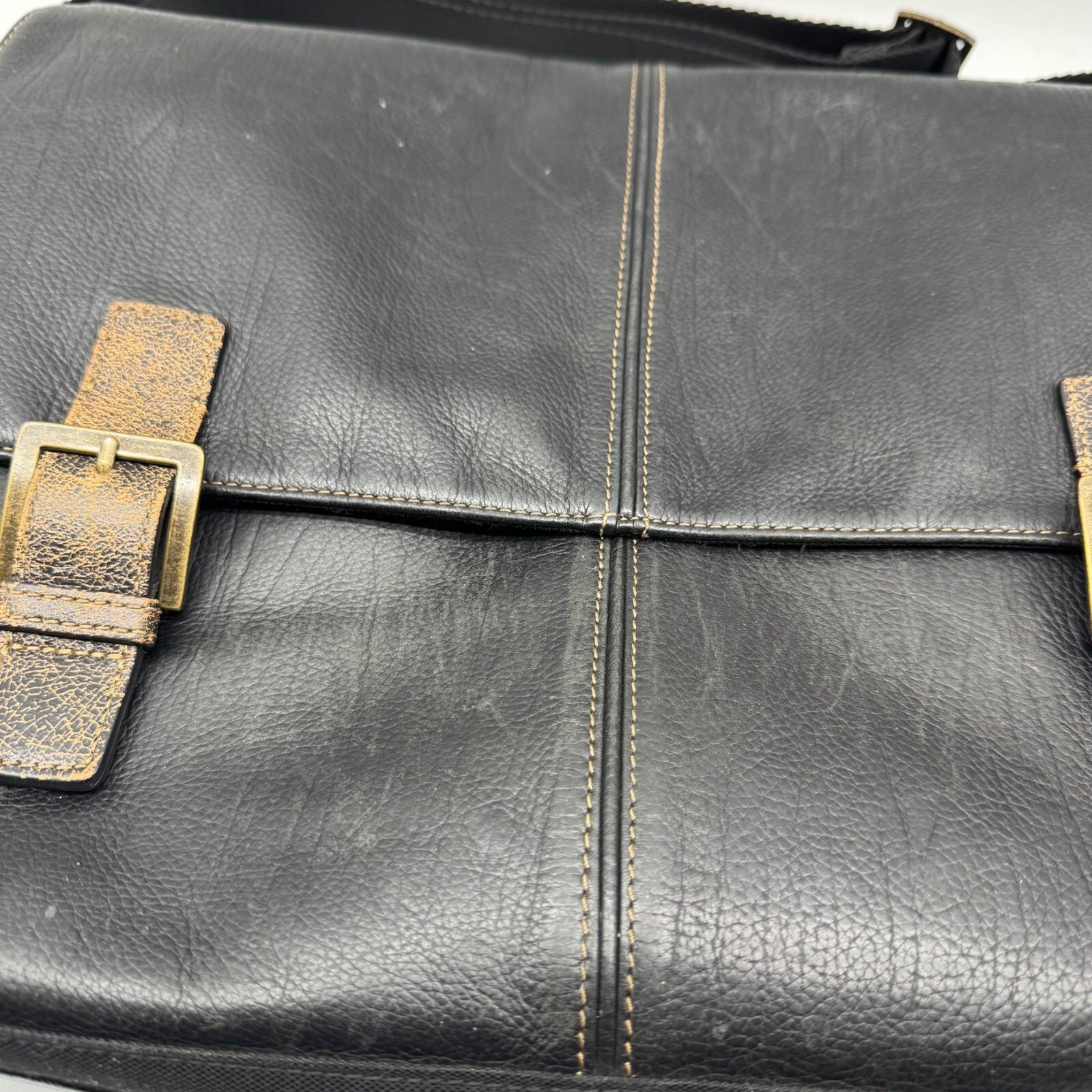 Boconi Black Distressed Bryant Slim Double Buckle Classic Travel Messenger Bag