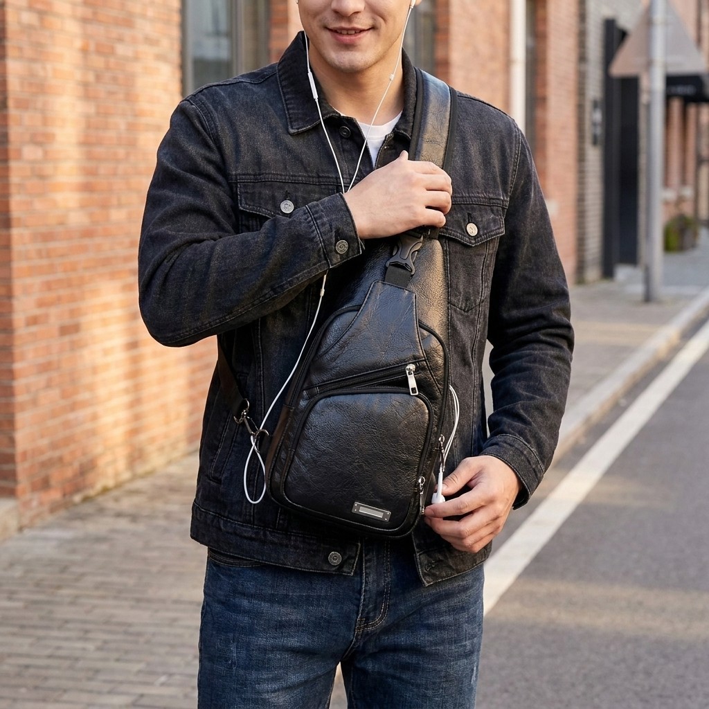Black Chest Crossbody Bag Sling Backpack for Men with USB Charge Port Hole