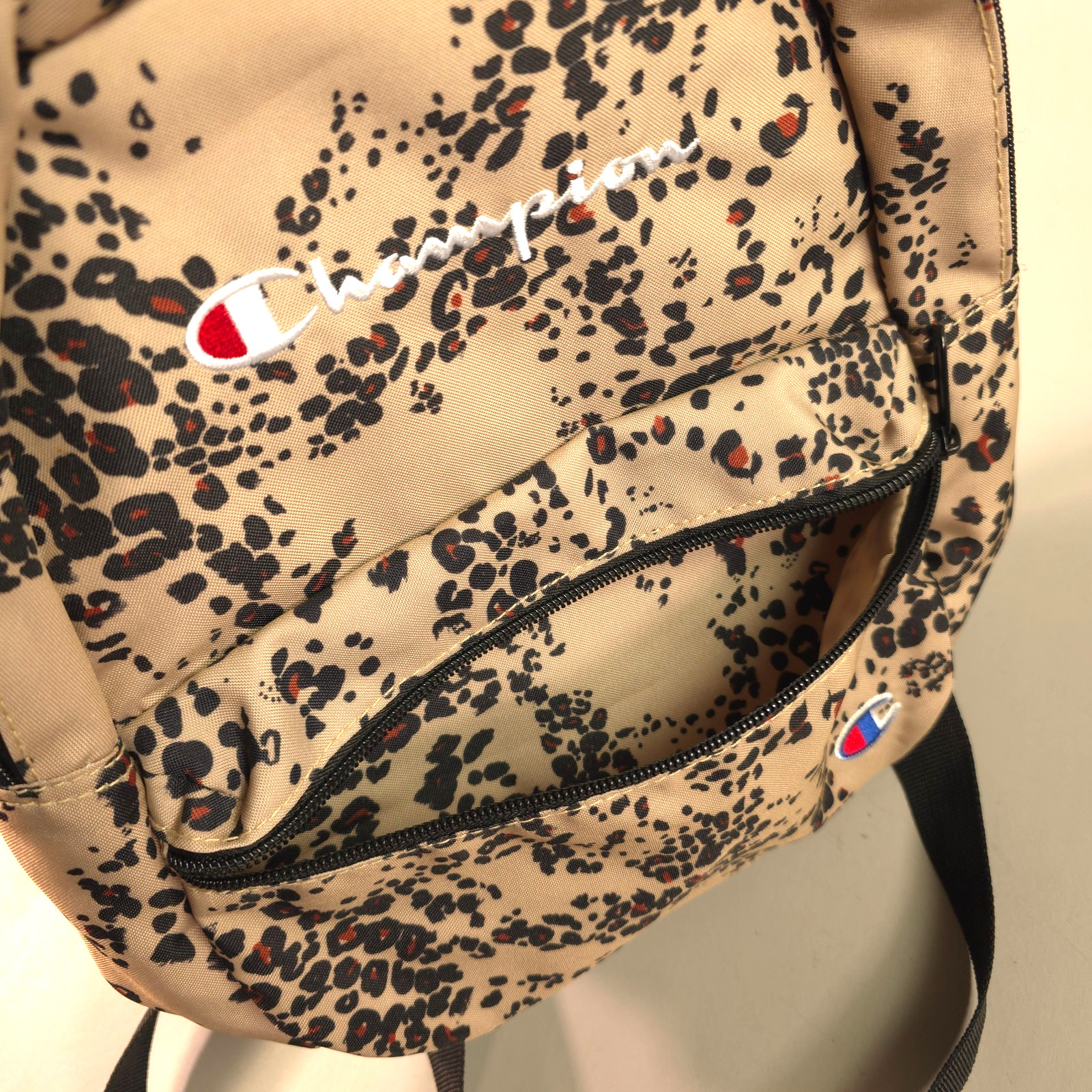 Champion Small Backpack Beige Animal Print Embroidered Logos Adj Straps *New*